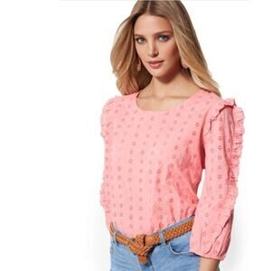 NYC Soho Eyelet Ruffle Trim Blouse Pink Small